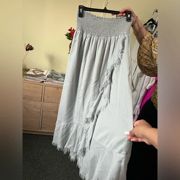 Pastel Baby Blue High Waisted Stretch Midi Maxi Ruffle Frayed Hem Modest Skirt L - Picture 12 of 16
